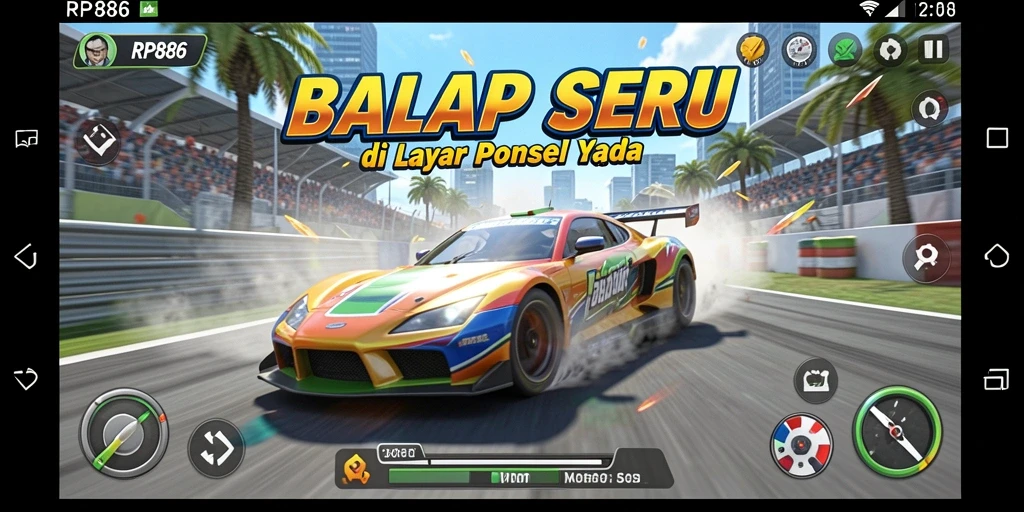 Screenshot gameplay RP886 yang menunjukkan balapan mendebarkan di lintasan.